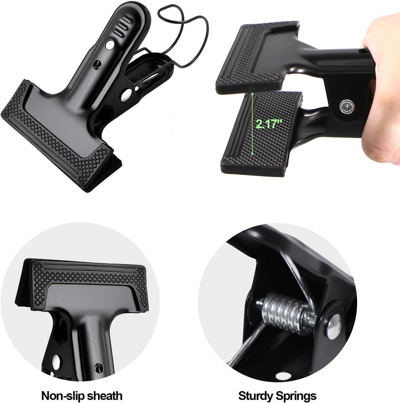 YRMJ 2 Pack 4-1/4" Heavy Duty Spring Clamps Clips, Black Metal Rubber Hinge Clip File Clamps for Photography Background Stands, Home Improvement Projects (2.17" Opening, with Hooks) - Image 4